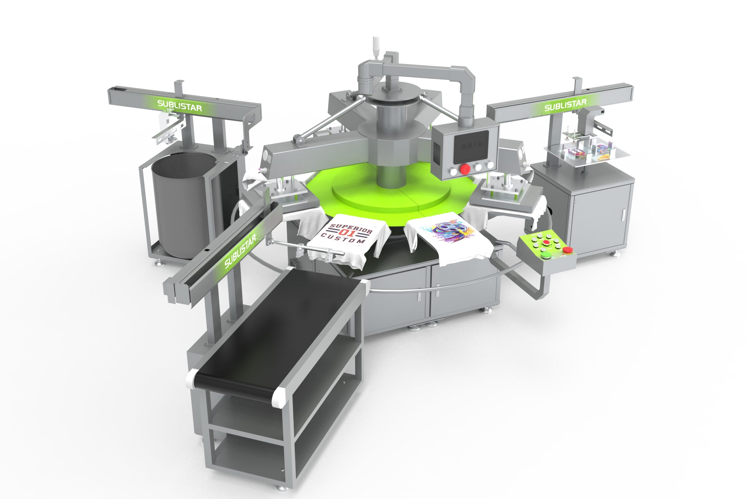 Sublistar X-Press V6.0 automated eight-station DTF heat transfer production system with robotic film peeling and conveyor unloading for industrial apparel decoration.