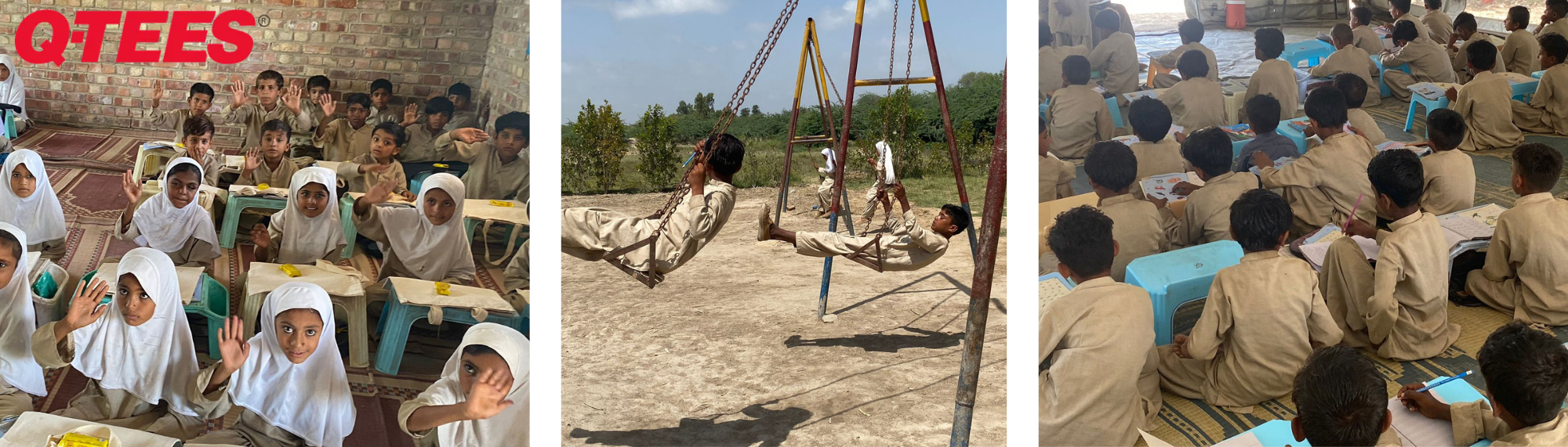 Students attending classes and participating in activities at AZ School, a Q-Tees-supported educational initiative serving children and families in rural Sindh, Pakistan.