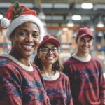 Workers as custom decorated apparel shop during the holidays