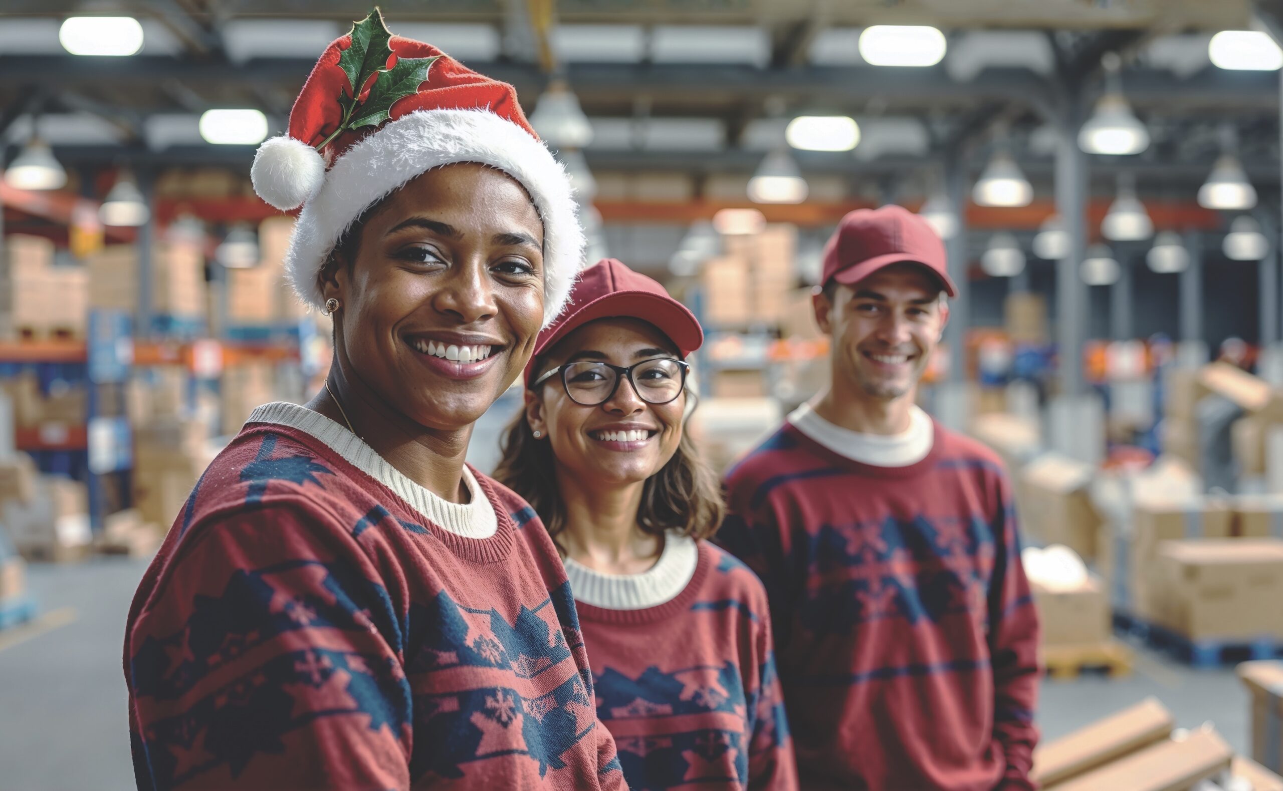 Workers as custom decorated apparel shop during the holidays