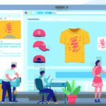 Decorated apparel shop workers analyzing productions methods, profitability