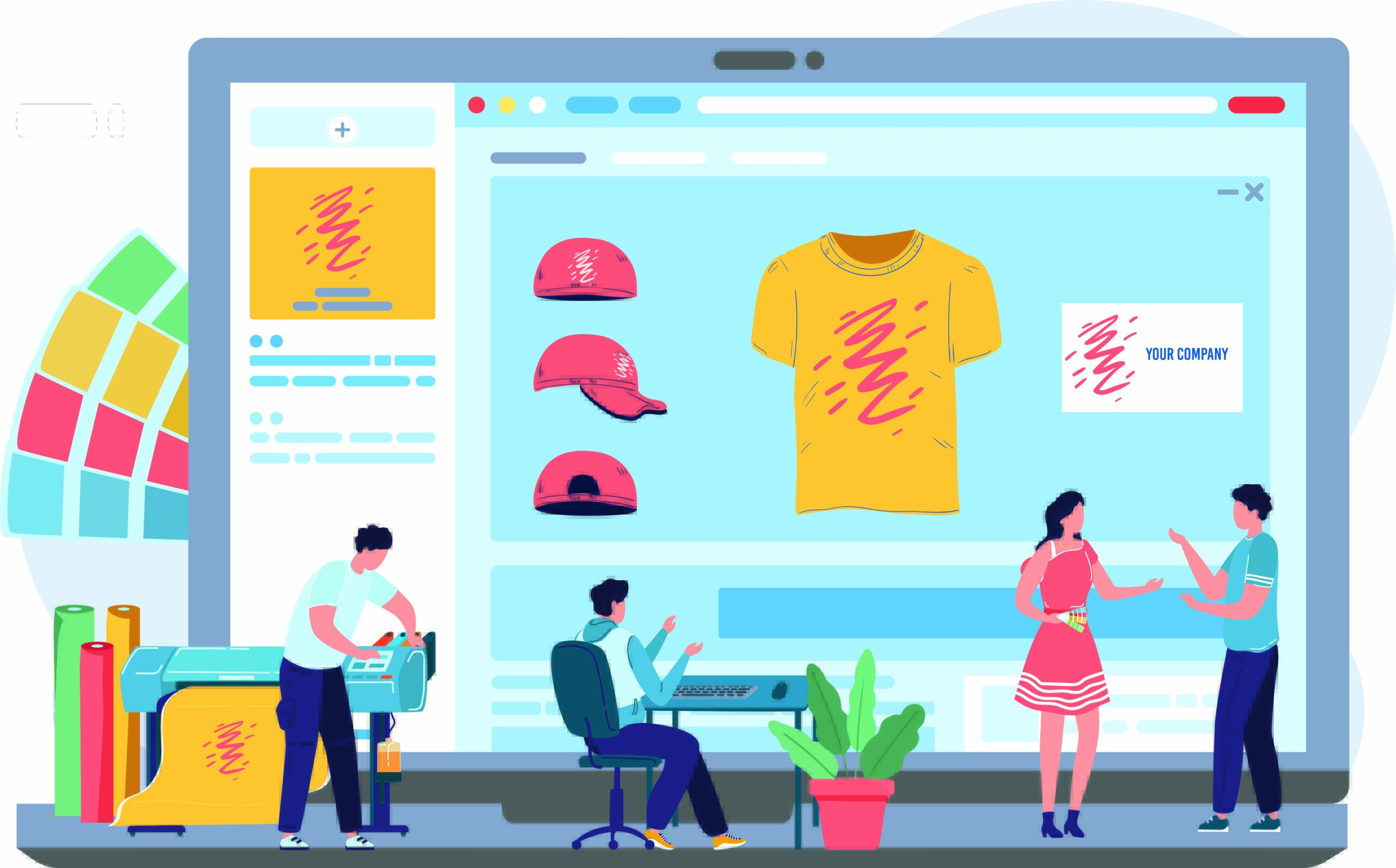 Decorated apparel shop workers analyzing productions methods, profitability