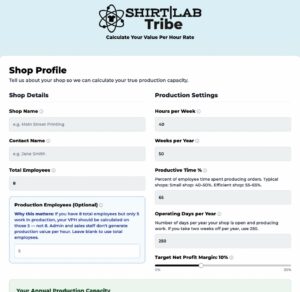 Shirt Lab Tribe "Value per Hour" calculator