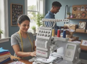 Custom decorated apparel shop, embroidery machine