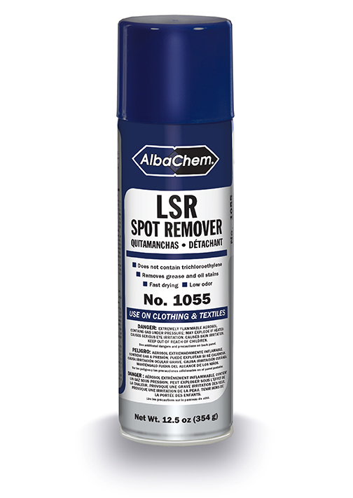 AlbaChem LSR Spot Remover aerosol can designed for removing grease, oil, adhesive and other difficult stains from garments and textiles used in apparel decoration.