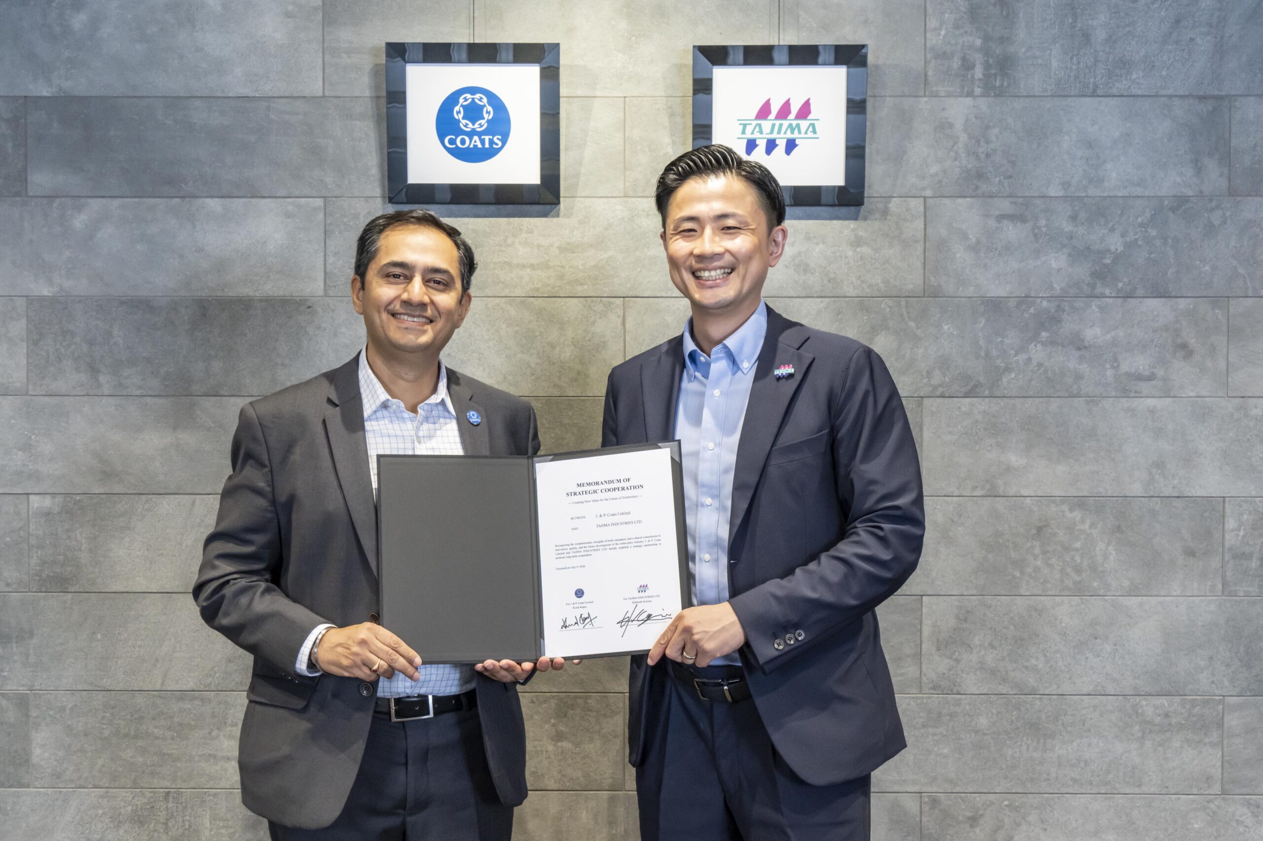 The Memorandum was signed by Hidetoshi Kojima, CEO of Tajima Industries Ltd., and Kunal Kapur, Managing Director Strategic Projects, Coats, at Tajima Industries Ltd. in Aichi, Japan on July 9, 2026
