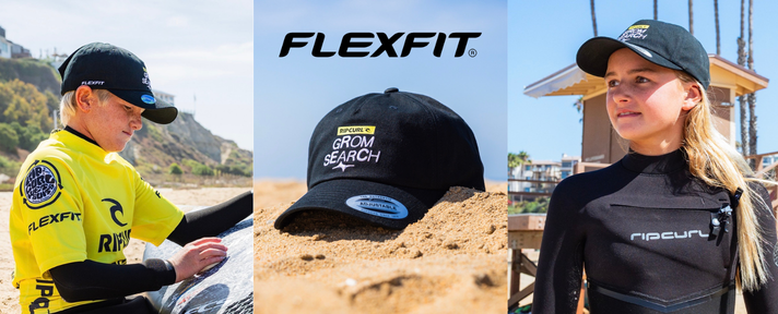 Young surfers wear Flexfit caps during the 2026 Rip Curl GromSearch North America Series, highlighting the brand's new title sponsorship of the premier junior surfing competition.
