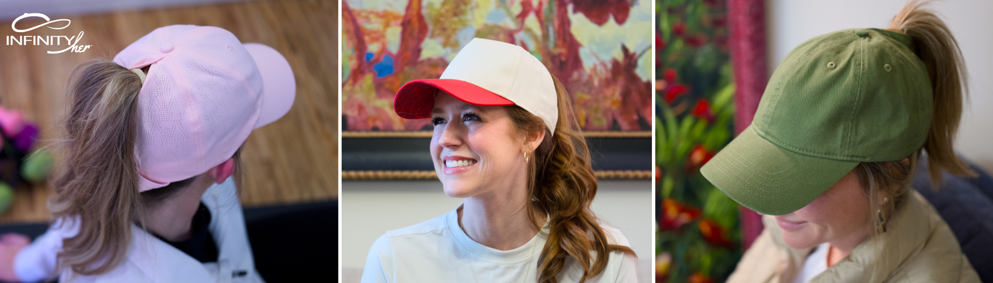 Models wearing Infinity Her women's baseball caps from the Summer 2026 collection, showcasing ponytail-friendly designs and women's-specific headwear styles.