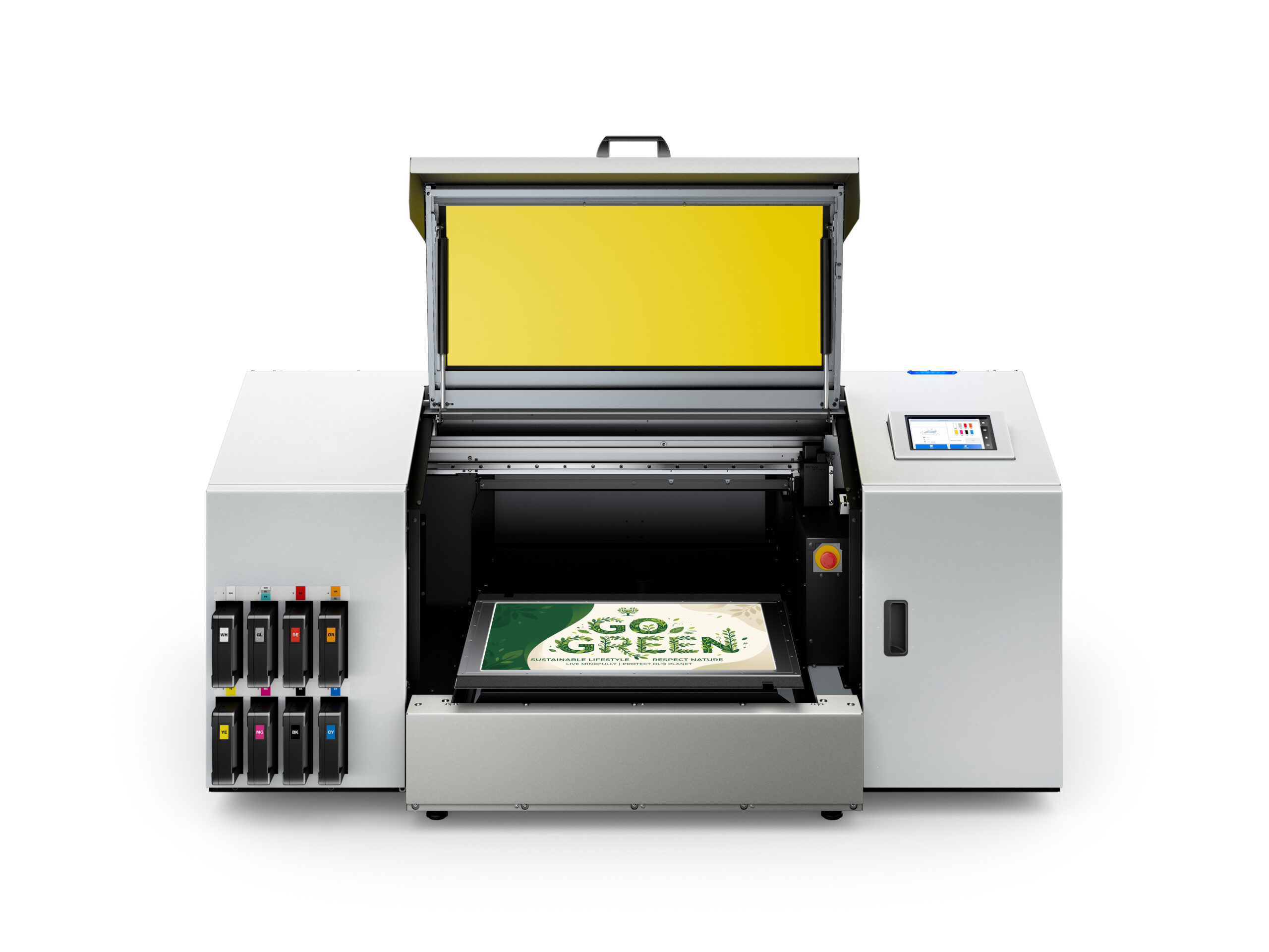 Roland DG VersaObject MO-180 UV flatbed printer printing a graphic with new EUV-H industrial-grade UV hard ink.