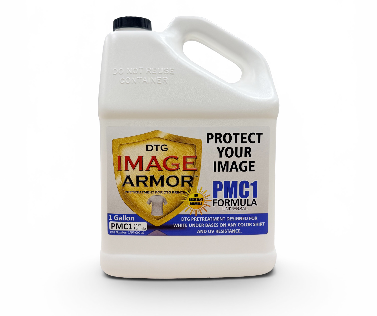 Image Armor PMC1 Universal Formula DTG pretreatment container designed for white, light and dark garments with UV-resistant chemistry for direct-to-garment printing.