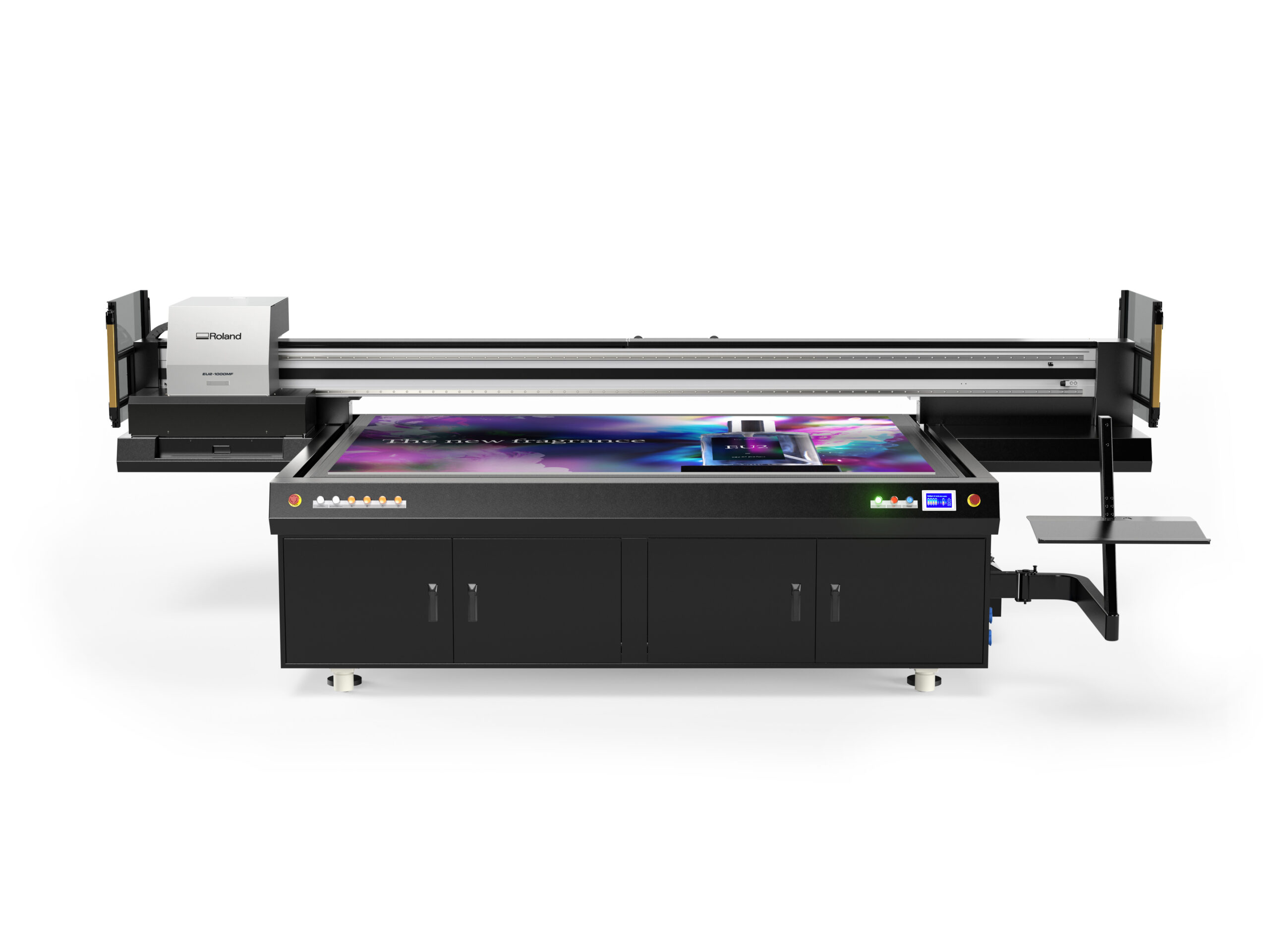Roland DG EU2-1000MF large-format UV flatbed printer producing a full-color rigid board for sign and display graphics.