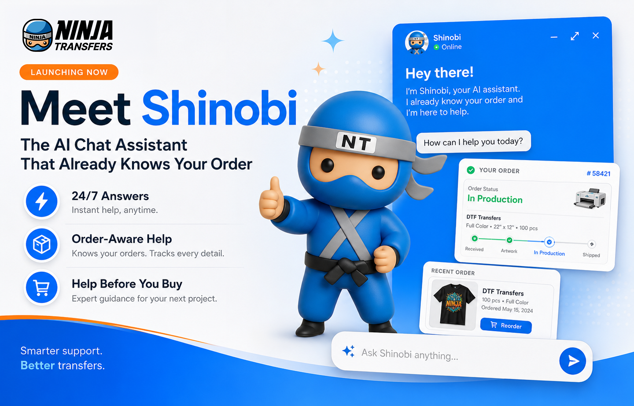Ninja Transfers Shinobi AI chat assistant interface showing personalized order tracking, DTF printing support, and 24/7 customer service for apparel decorators.