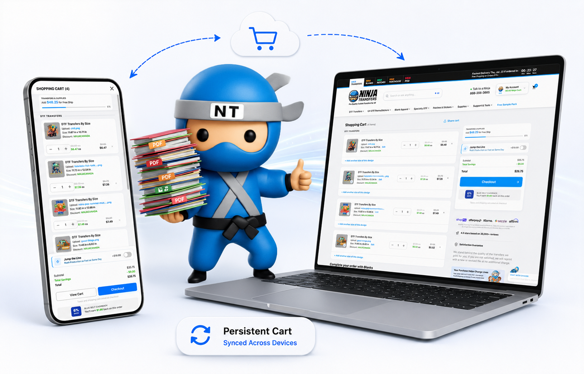Illustration of Ninja Transfers' Persistent Cart feature showing a synchronized shopping cart across a smartphone and laptop for seamless cross-device DTF transfer ordering.