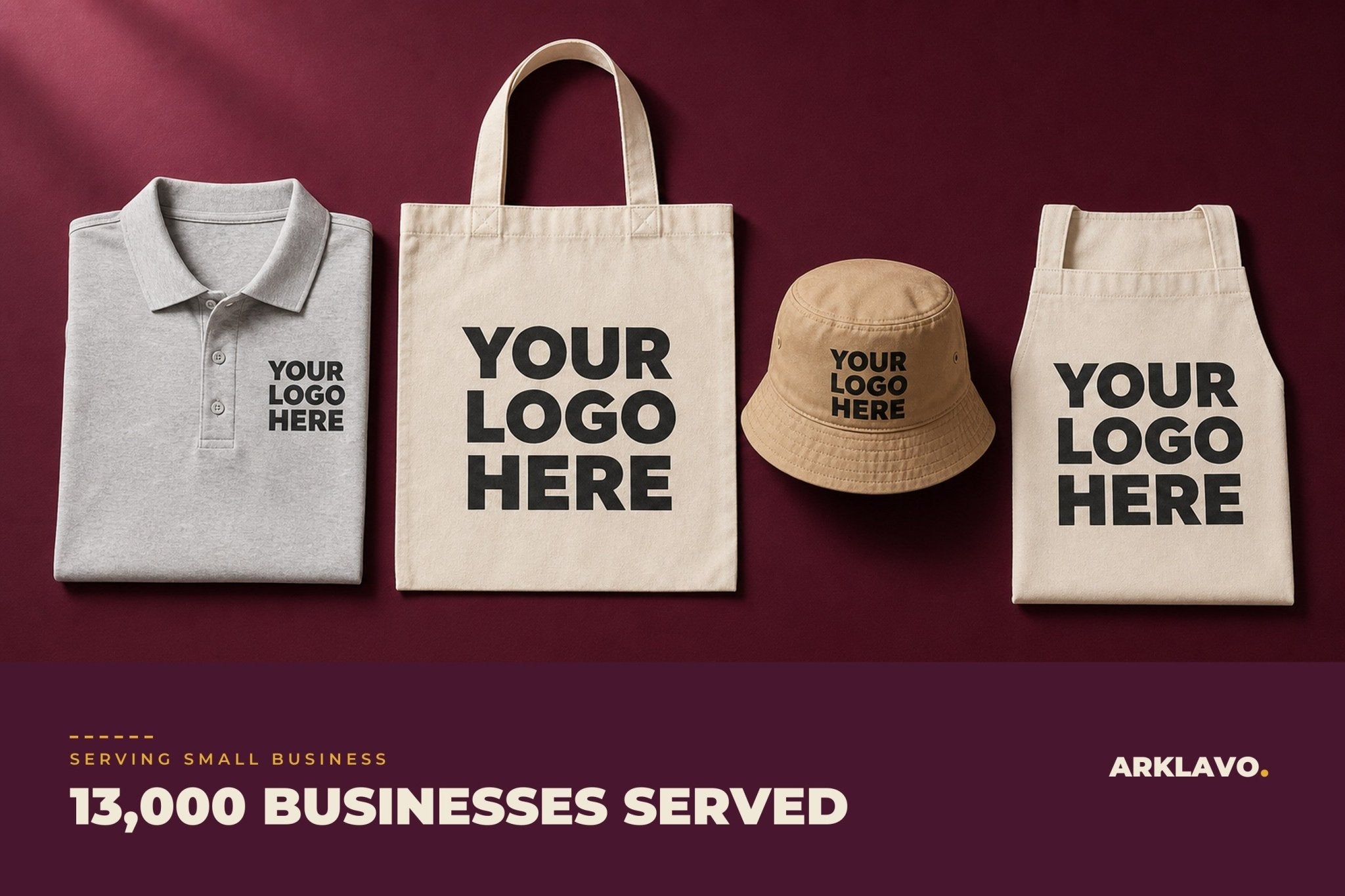 Custom branded apparel from Arklavo, including polos, tote bags, bucket hats and aprons decorated with business logos as the company celebrates serving more than 13,000 businesses.