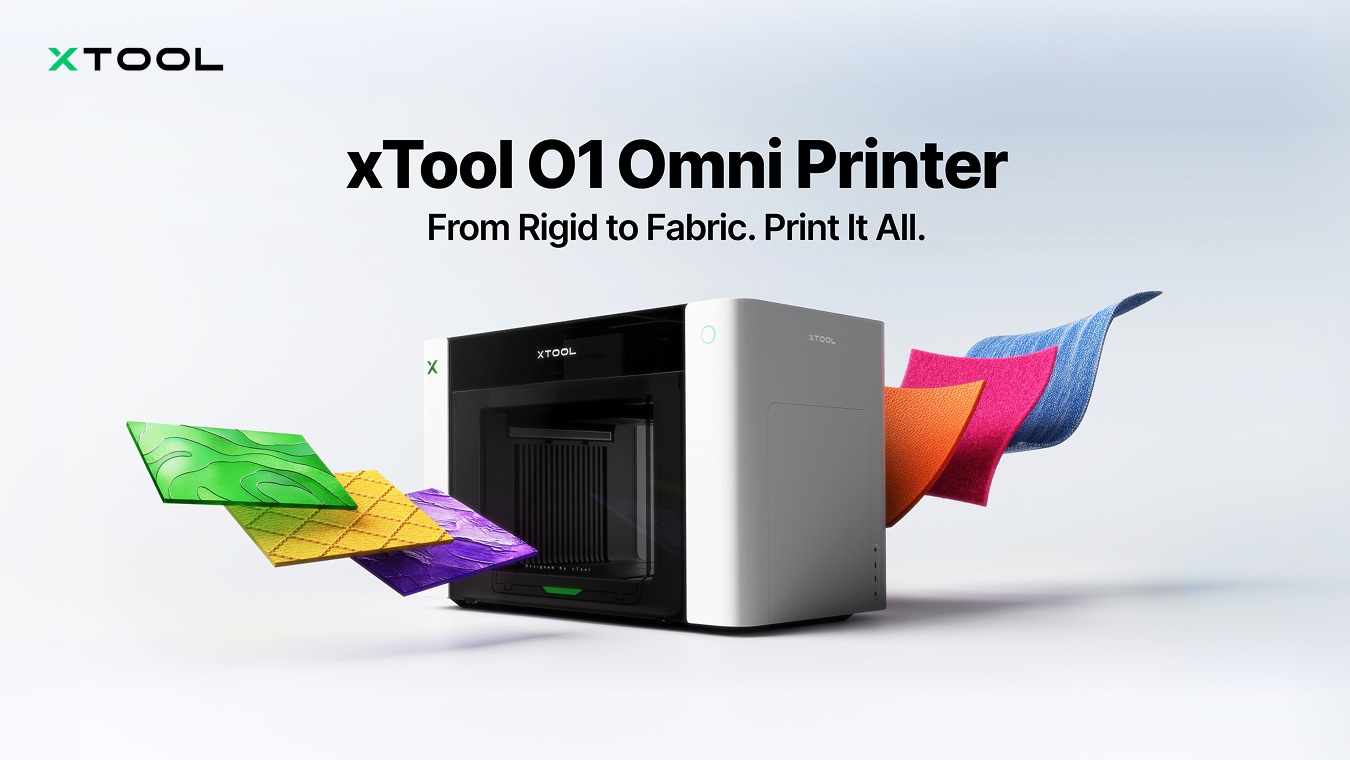 xTool O1 Omni Printer with examples of rigid and fabric materials demonstrating its multi-material printing capabilities.