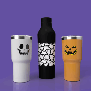 Halloween-themed drinkware featuring full-color direct-to-object printing on stainless steel tumblers and insulated water bottles produced using Inkcups digital printing technology.