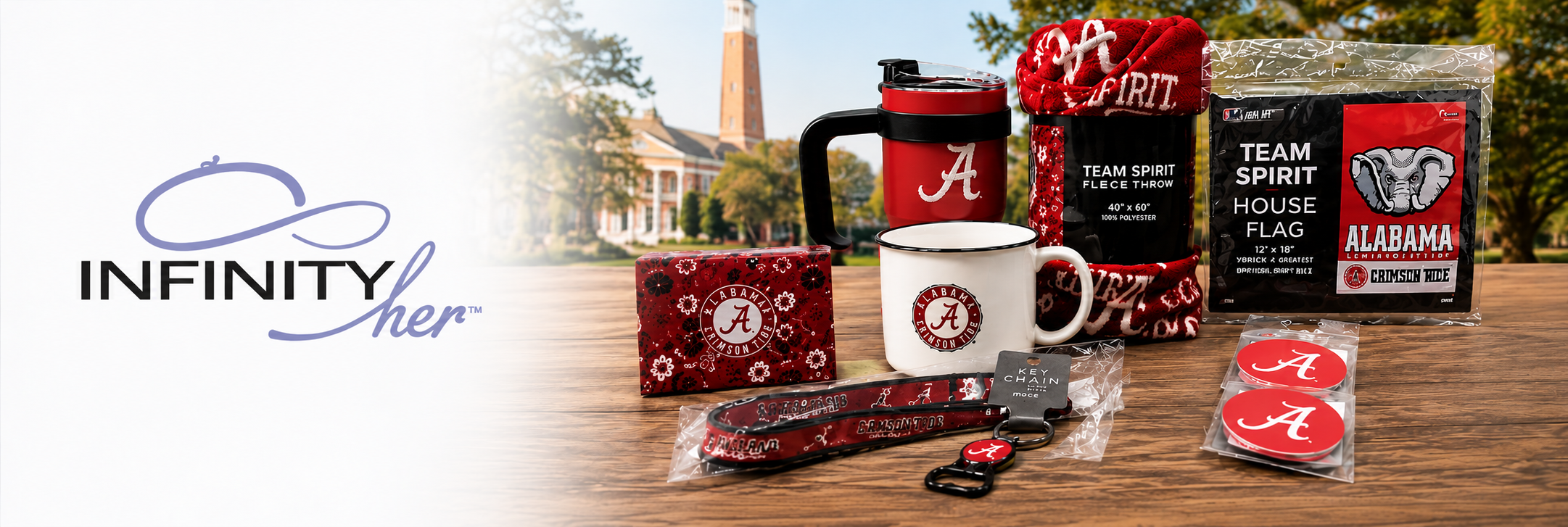 Licensed University of Alabama promotional products donated by Infinity Product Group and Infinity Her to support the UA Student Pantry fundraising silent auction.
