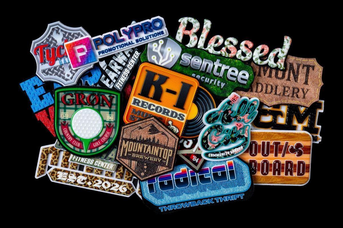 Collection of STAHLS’ LIQUID 3D custom dimensional emblems featuring varied textures, colors and logo designs.