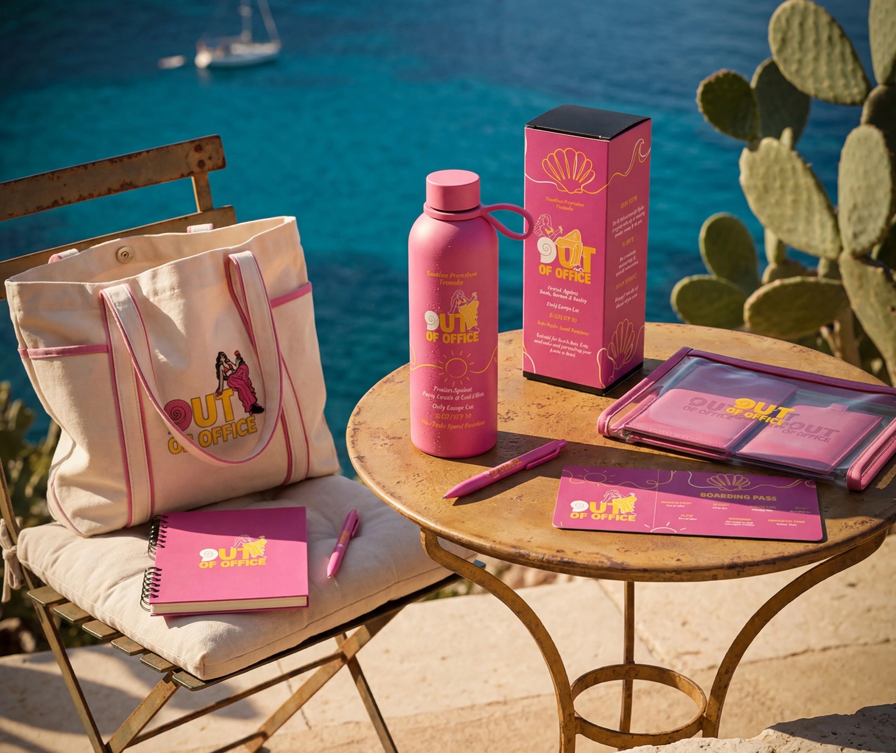 Digitally decorated promotional products including a tote bag, insulated water bottle, notebook, travel pouch and branded accessories featuring vibrant full-color graphics.