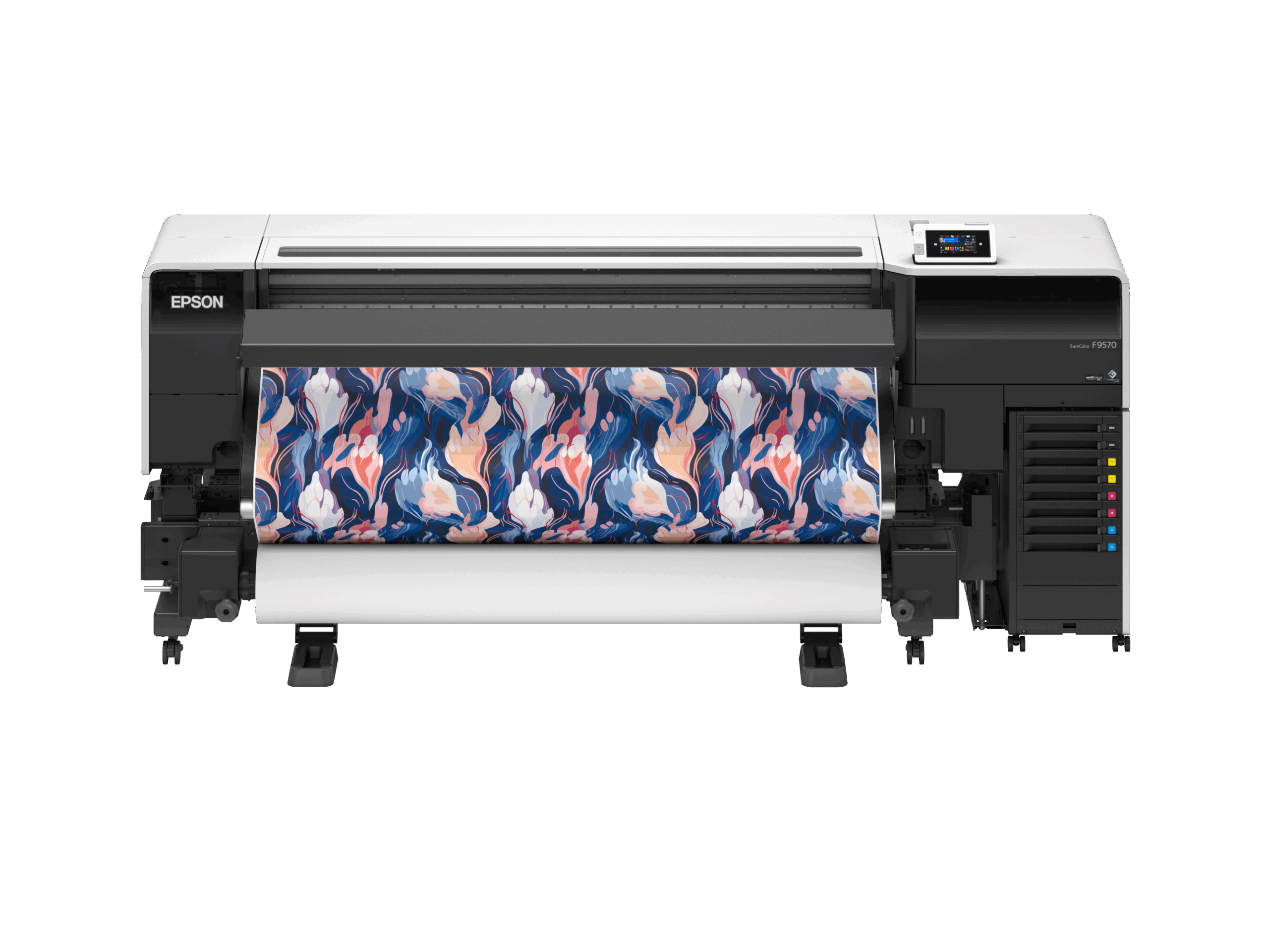 Epson SureColor F9570 professional dye-sublimation printer producing a full-color textile graphic for apparel and soft signage applications.