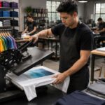 Apparel decorator using a heat press to apply a transfer to a T-shirt