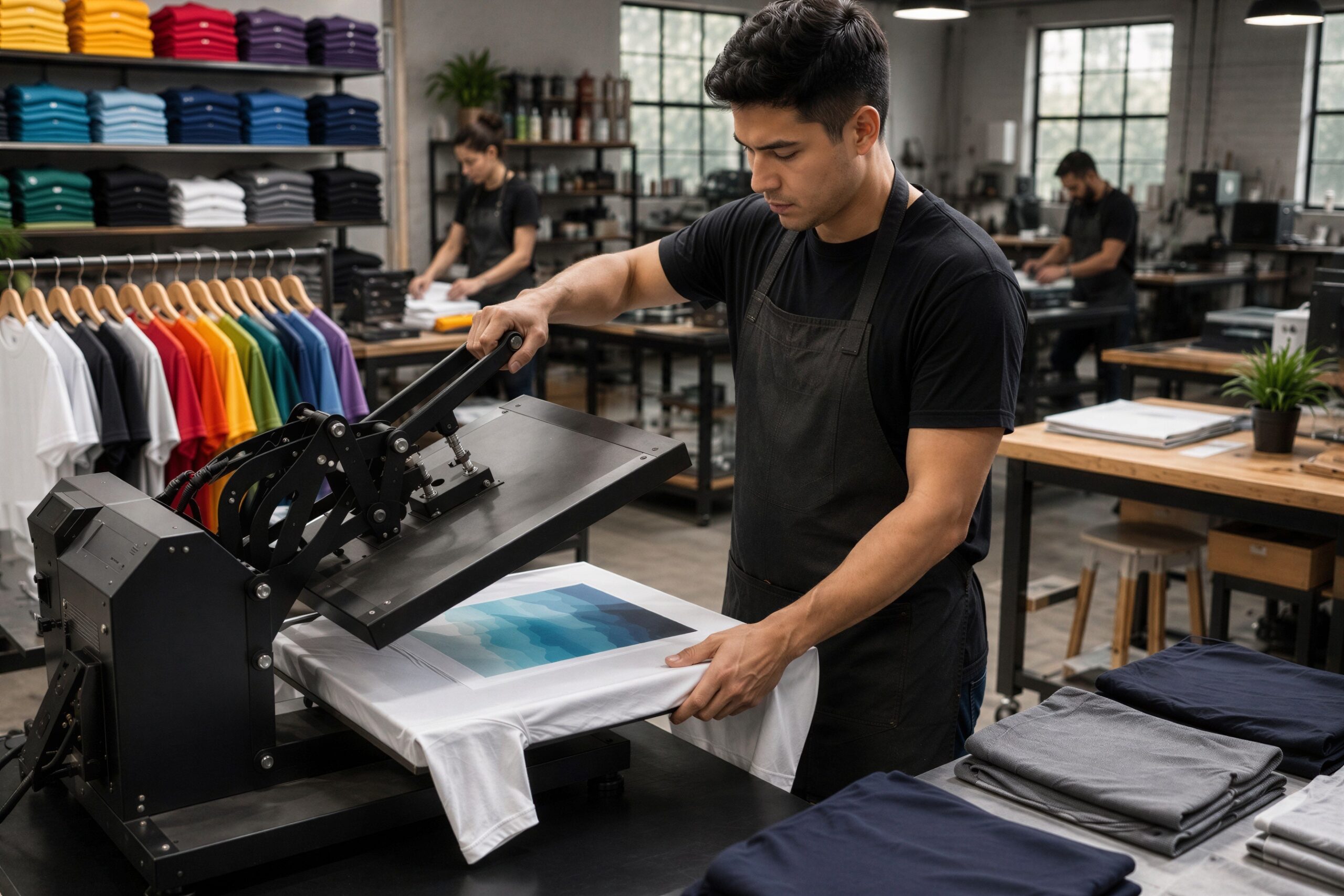 Apparel decorator using a heat press to apply a transfer to a T-shirt