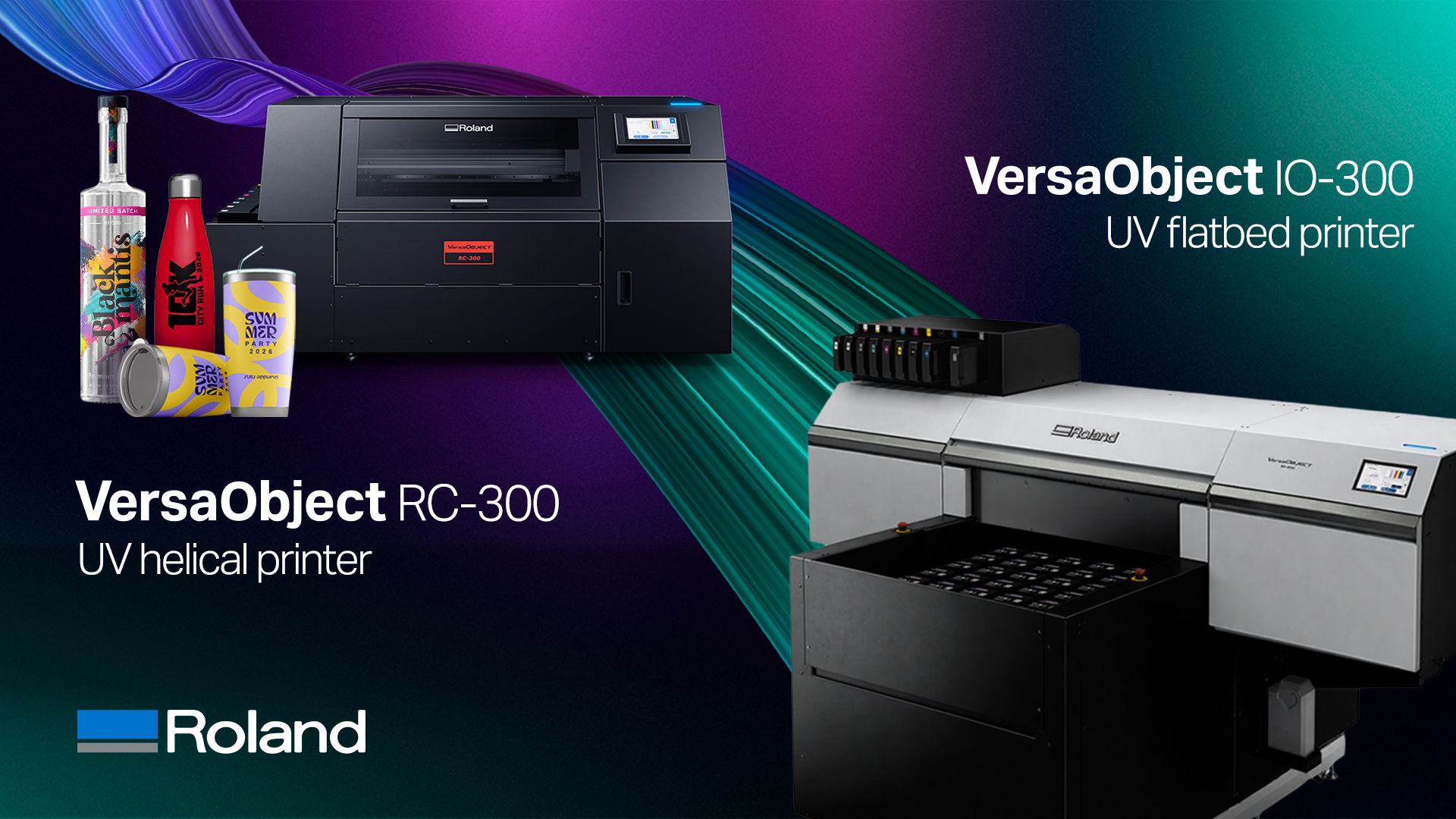 Roland DG VersaObject IO-300 UV flatbed printer and RC-300 UV cylindrical printer for direct-to-object product decoration