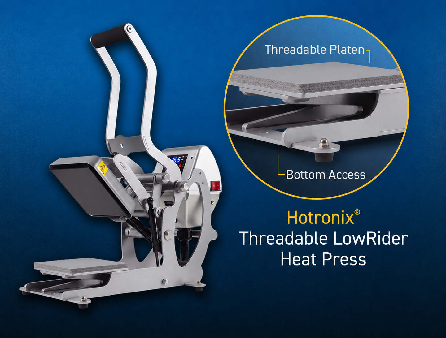 Hotronix Threadable LowRider Auto Clam Heat Press with threadable platen and bottom access for small-format decoration