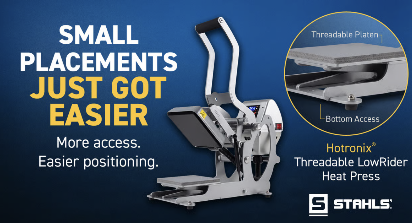 STAHLS’ Hotronix Threadable LowRider Heat Press with threadable platen and bottom access for apparel decoration