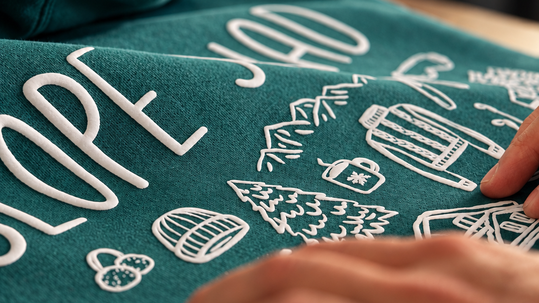 Close-up of a teal garment featuring raised white holiday-themed lettering and illustrations, including a Christmas tree and winter accessories.