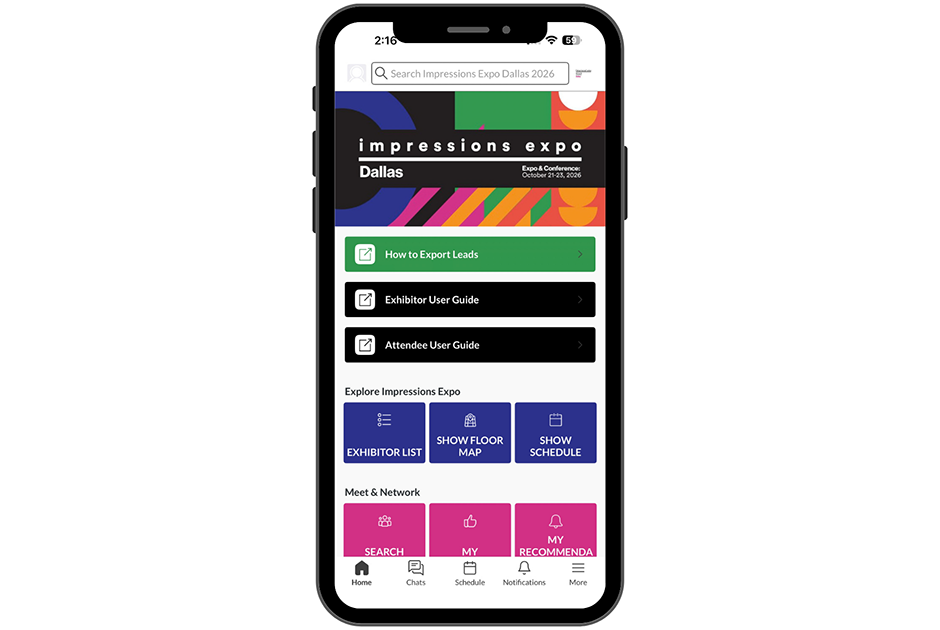 Impressions Expo Dallas 2026 mobile app showing exhibitor list, show floor map, schedule and networking tools