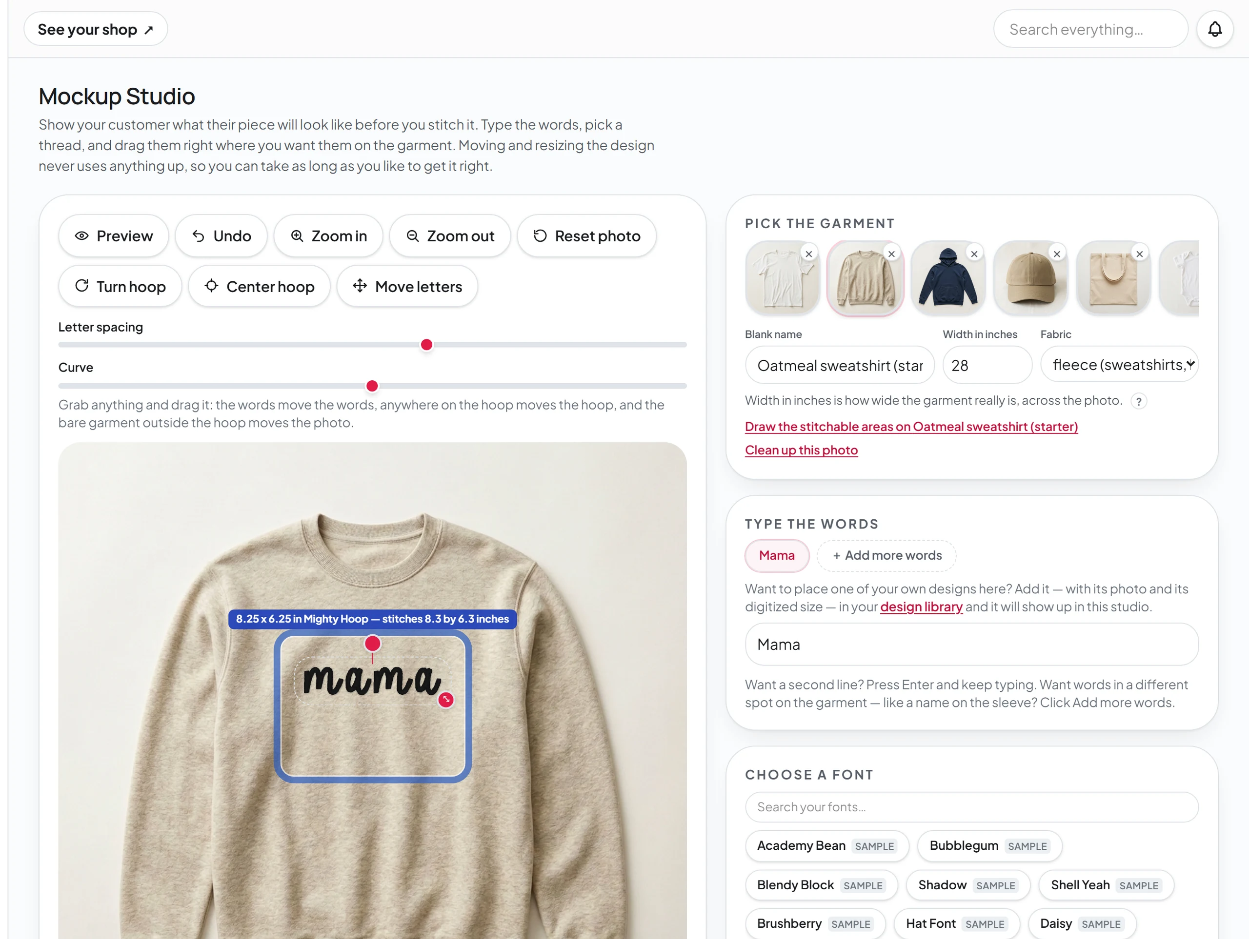 Broidry embroidery mockup software displaying a “mama” design on a sweatshirt with virtual hoop placement, garment selections and font controls.