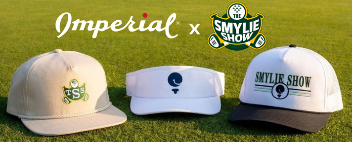Imperial x The Smylie Show limited-edition golf headwear collection featuring branded rope hats and a white tour visor.