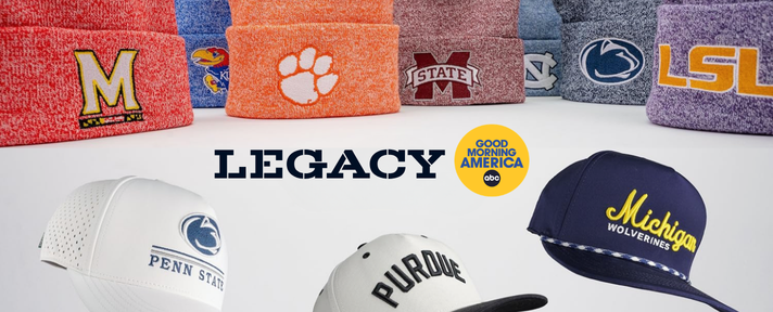 Legacy collegiate caps and beanies featuring university logos displayed with Good Morning America branding for football season.