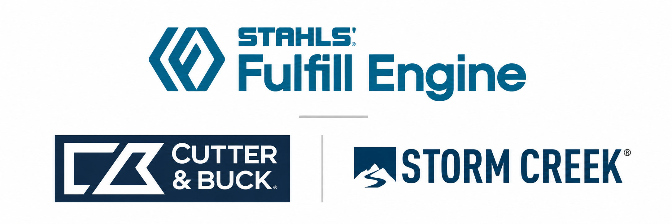 STAHLS' Fulfill Engine logo displayed above the Cutter & Buck and Storm Creek logos on a white background.