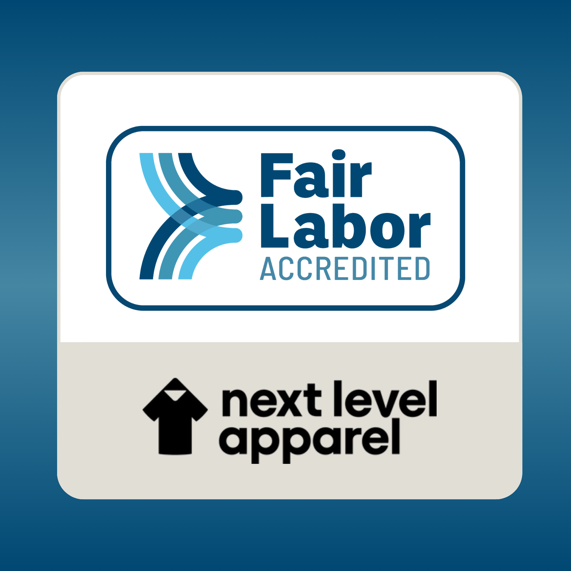 Fair Labor Accredited logo displayed above the Next Level Apparel logo on a blue background.