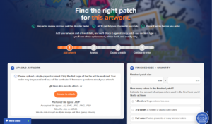 Screenshot of STAHLS' Patch Selector Tool showing artwork upload fields, patch size options and a four-step ordering process.