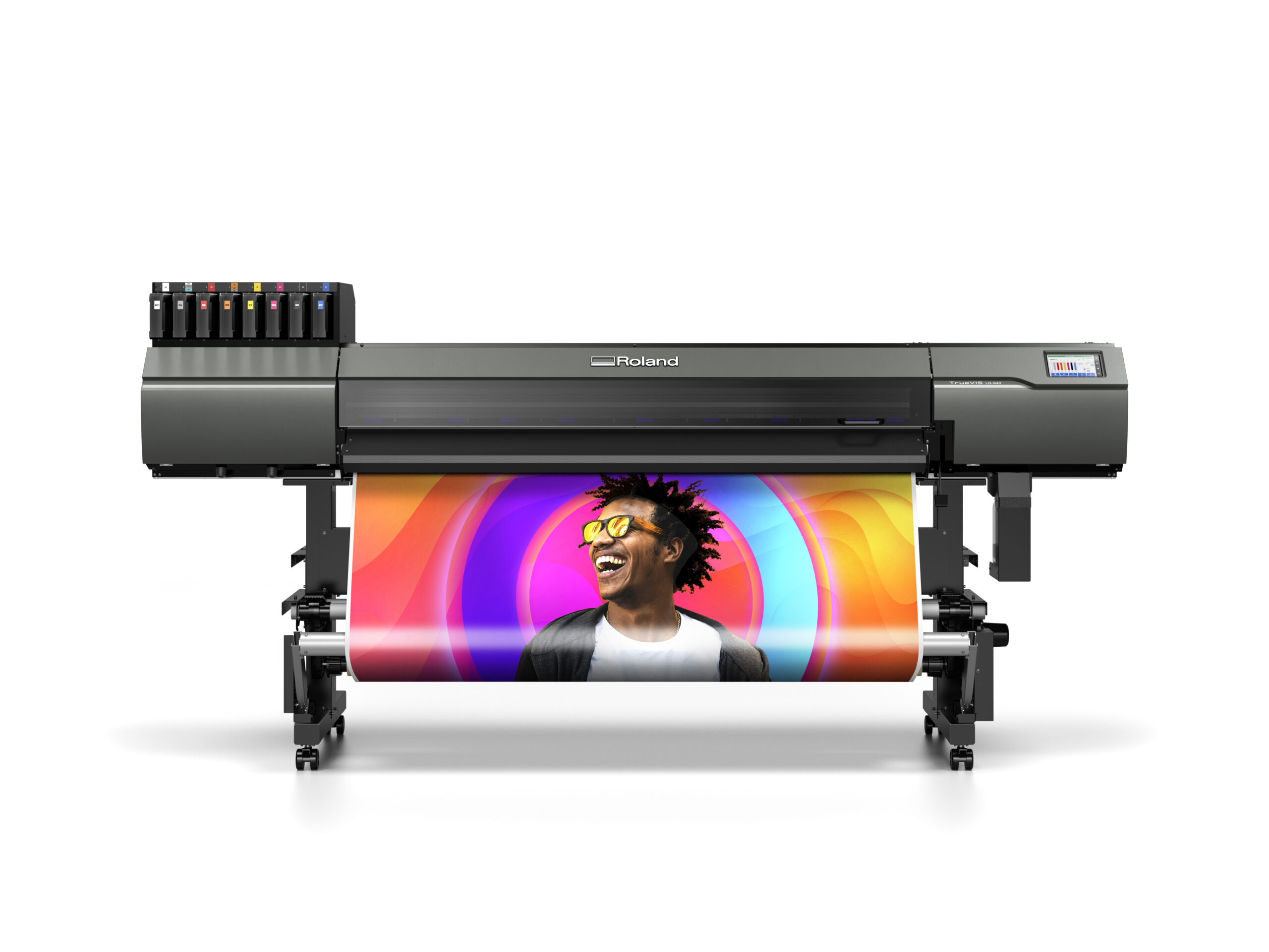 Roland DG TrueVis LG-640 large-format UV printer/cutter producing a colorful graphic on roll-fed media.