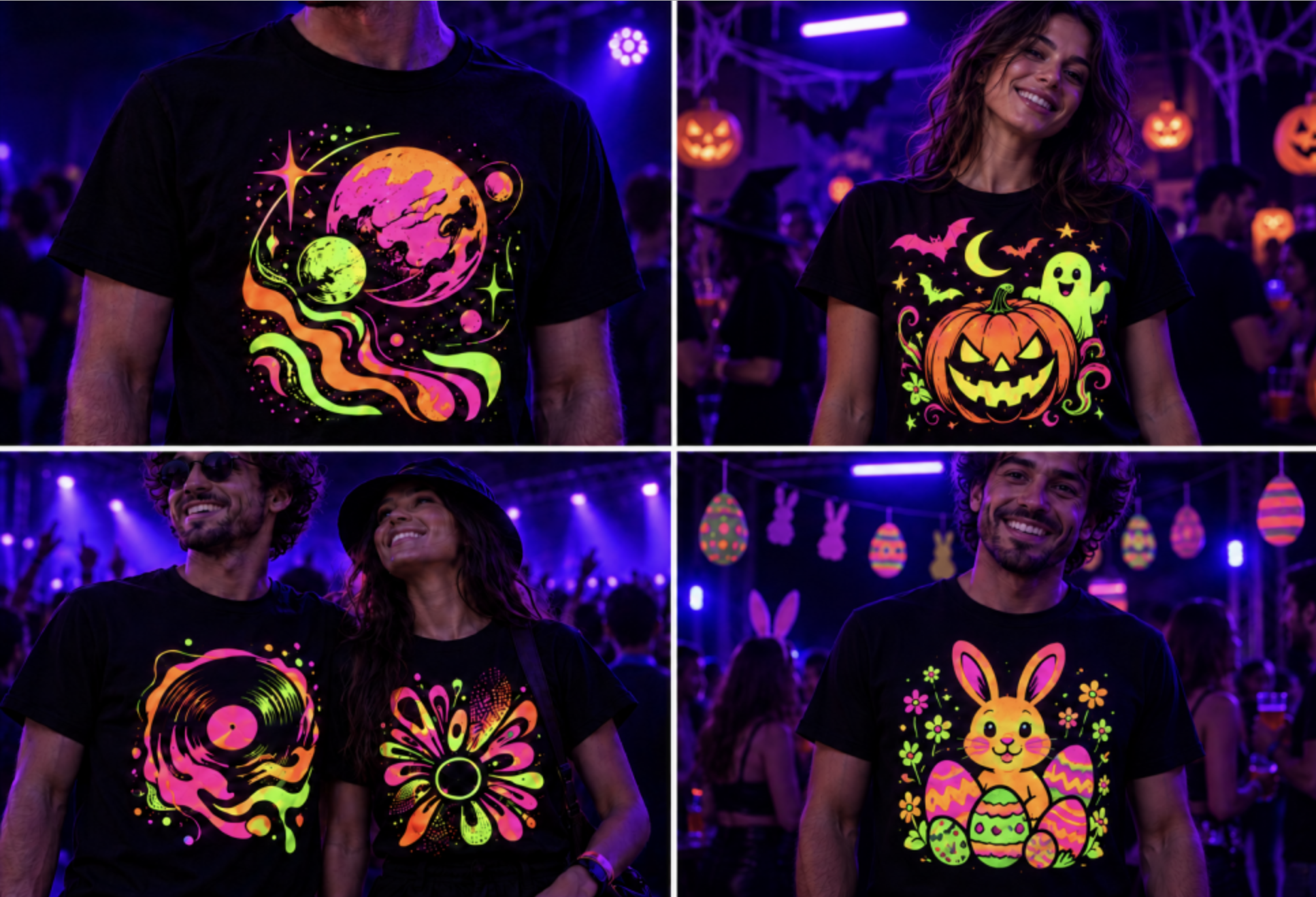 Models wearing black T-shirts with colorful fluorescent DTF graphics featuring Halloween, Easter, music and space-themed designs under purple UV lighting.